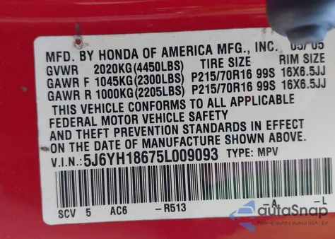2005 Honda Element Ex from USA, damaged, VIN 5J6YH18675L009093